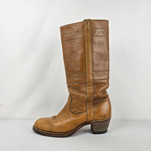 Vintage 70s Tan Leather Campus Boots Tall Stitched Stacked Heel Sz 8.5
