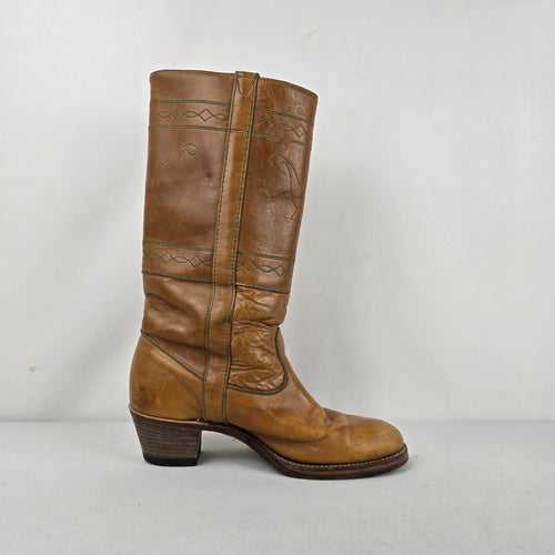 Vintage 70s Tan Leather Campus Boots Tall Stitched Stacked Heel Sz 8.5