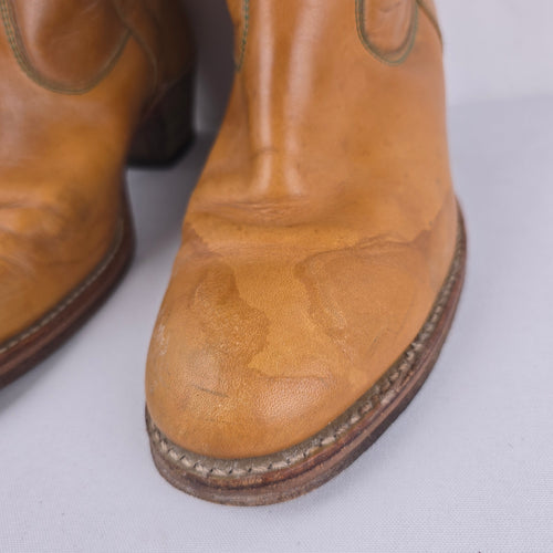 Vintage 70s Tan Leather Campus Boots Tall Stitched Stacked Heel Sz 8.5