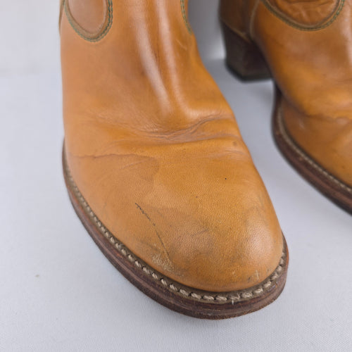Vintage 70s Tan Leather Campus Boots Tall Stitched Stacked Heel Sz 8.5