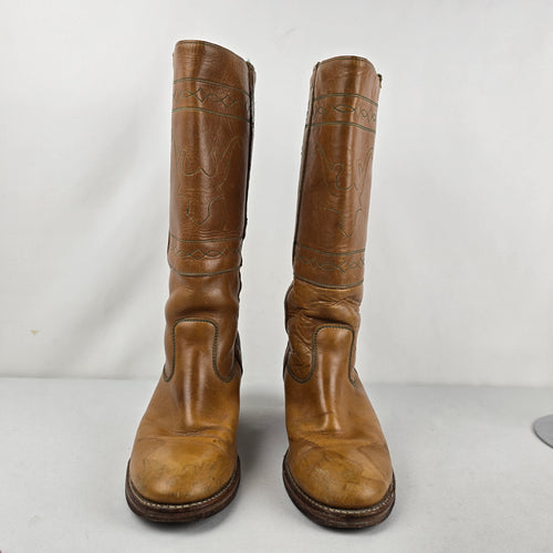 Vintage 70s Tan Leather Campus Boots Tall Stitched Stacked Heel Sz 8.5