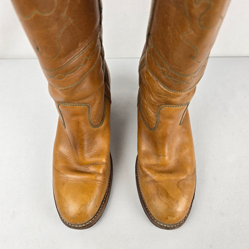 Vintage 70s Tan Leather Campus Boots Tall Stitched Stacked Heel Sz 8.5