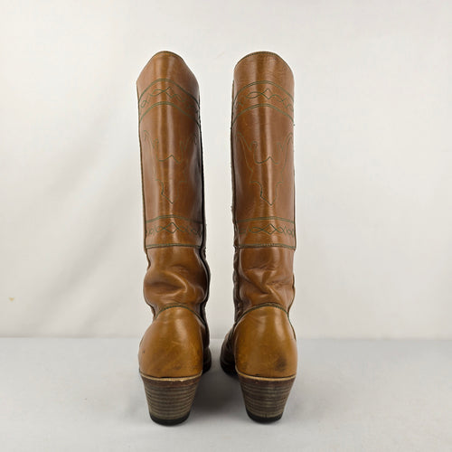 Vintage 70s Tan Leather Campus Boots Tall Stitched Stacked Heel Sz 8.5