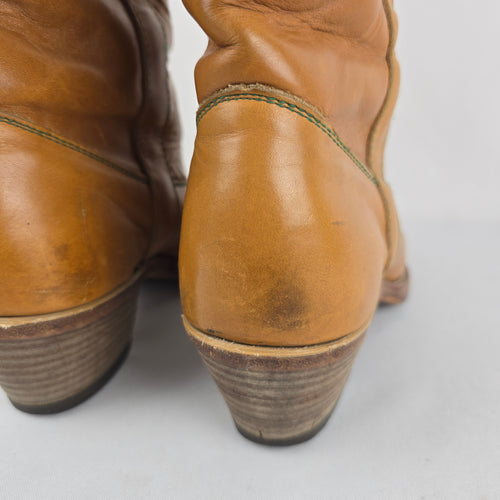 Vintage 70s Tan Leather Campus Boots Tall Stitched Stacked Heel Sz 8.5