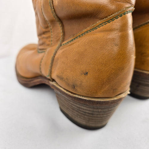 Vintage 70s Tan Leather Campus Boots Tall Stitched Stacked Heel Sz 8.5