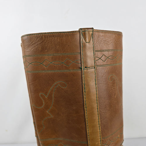 Vintage 70s Tan Leather Campus Boots Tall Stitched Stacked Heel Sz 8.5