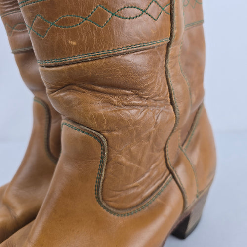 Vintage 70s Tan Leather Campus Boots Tall Stitched Stacked Heel Sz 8.5