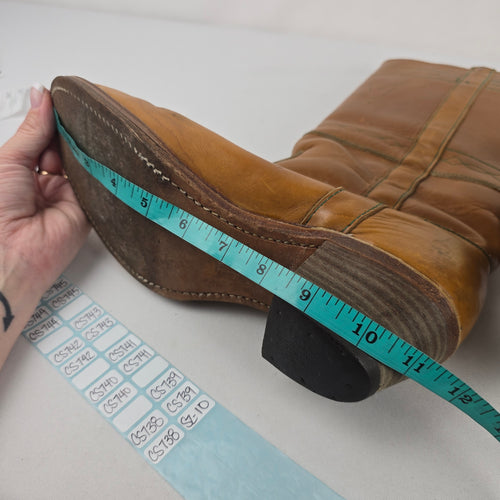 Vintage 70s Tan Leather Campus Boots Tall Stitched Stacked Heel Sz 8.5