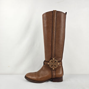Tory Burch Brown Leather Knee High Riding Boots Gold Logo Size 7
