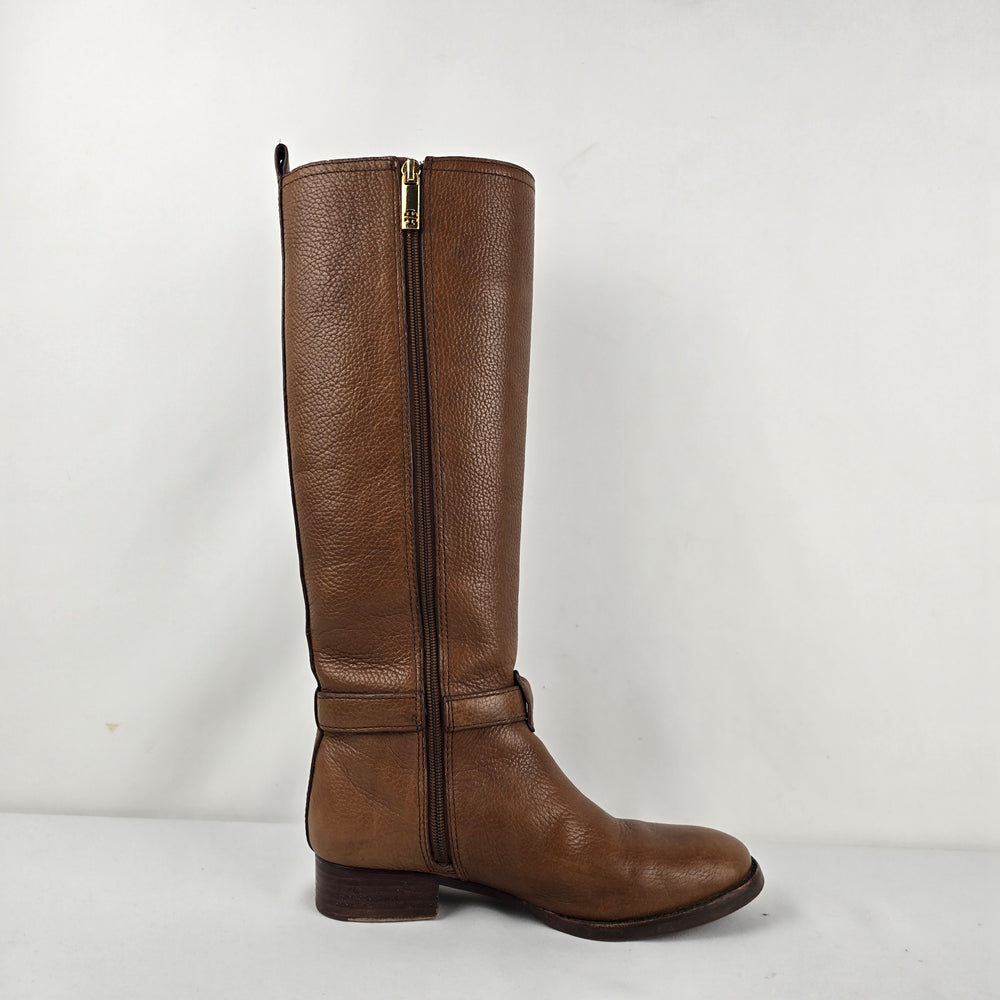 Tory Burch Brown Leather Knee High Riding Boots Gold Logo Size 7
