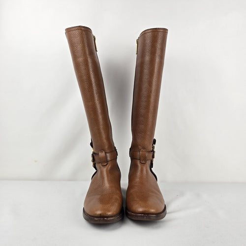 Tory Burch Brown Leather Knee High Riding Boots Gold Logo Size 7