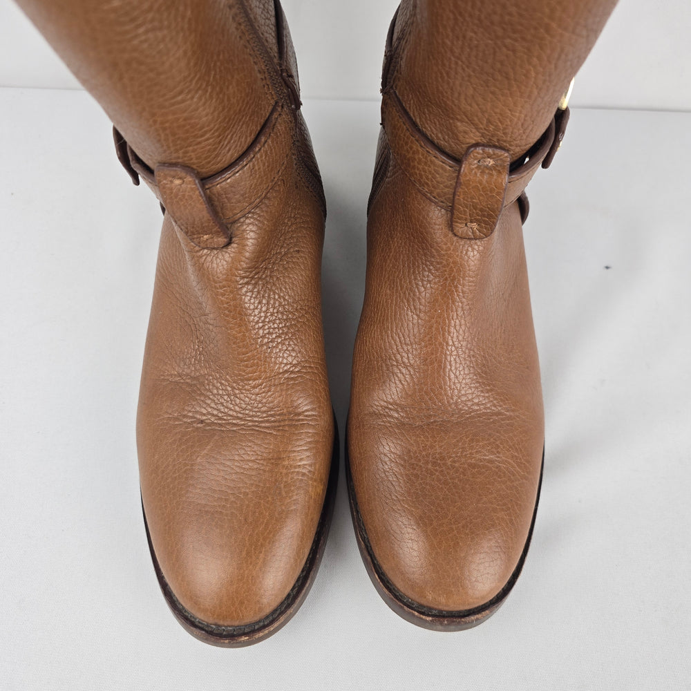 Tory Burch Brown Leather Knee High Riding Boots Gold Logo Size 7
