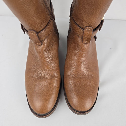 Tory Burch Brown Leather Knee High Riding Boots Gold Logo Size 7