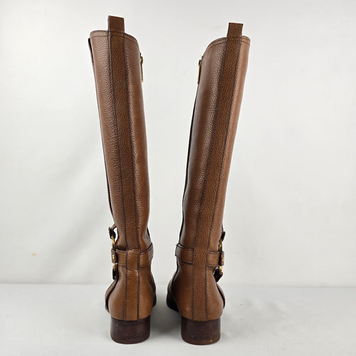 Tory Burch Brown Leather Knee High Riding Boots Gold Logo Size 7