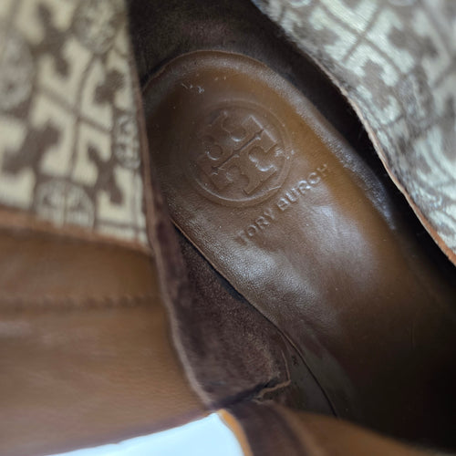 Tory Burch Brown Leather Knee High Riding Boots Gold Logo Size 7