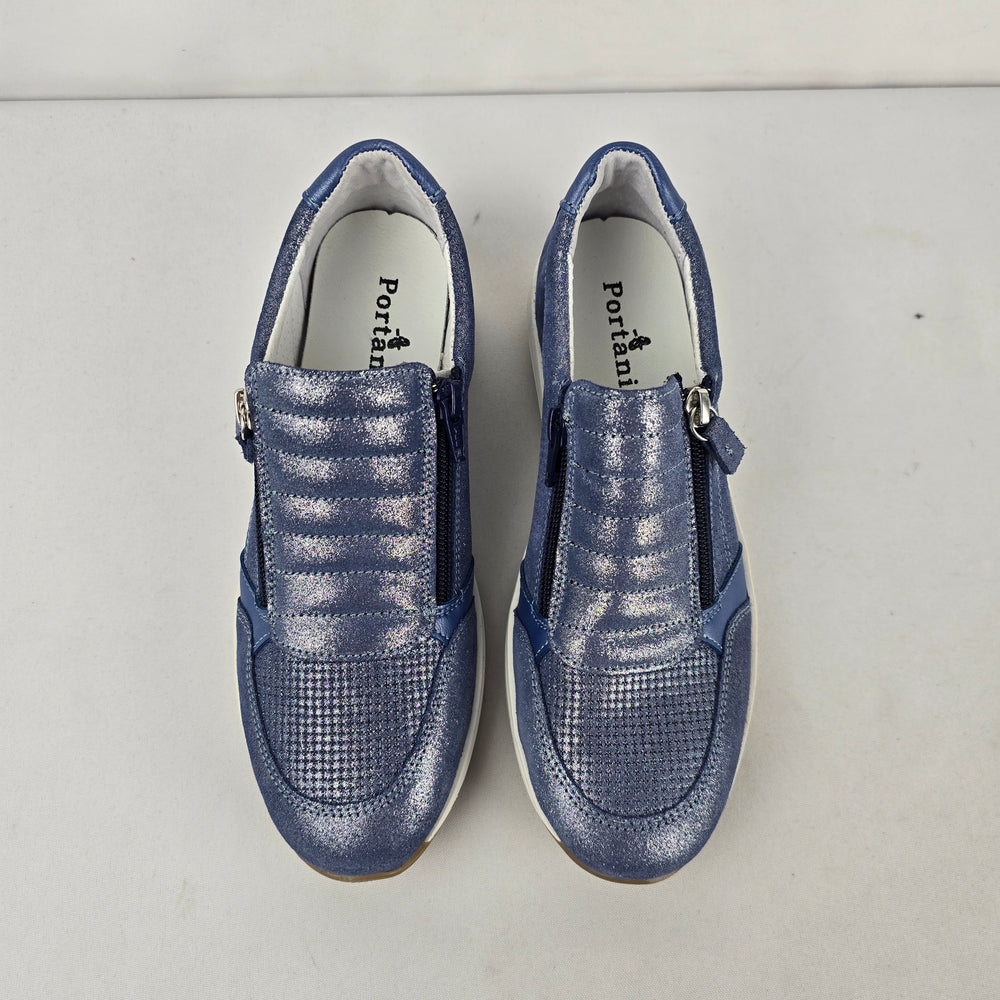 Vintage Portania Blue Metallic Leather Slip-On Sneakers - Size 6.5