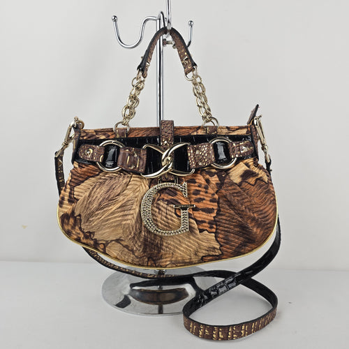 Guess Brown Floral Animal Print Handbag Rhinestone G Charm Chain Shoulder Bag