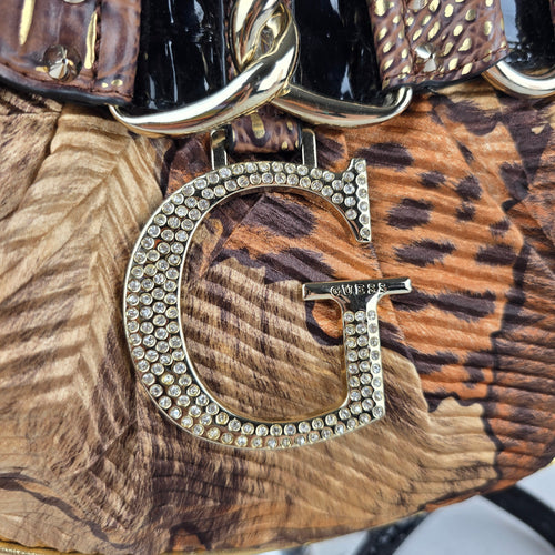 Guess Brown Floral Animal Print Handbag Rhinestone G Charm Chain Shoulder Bag