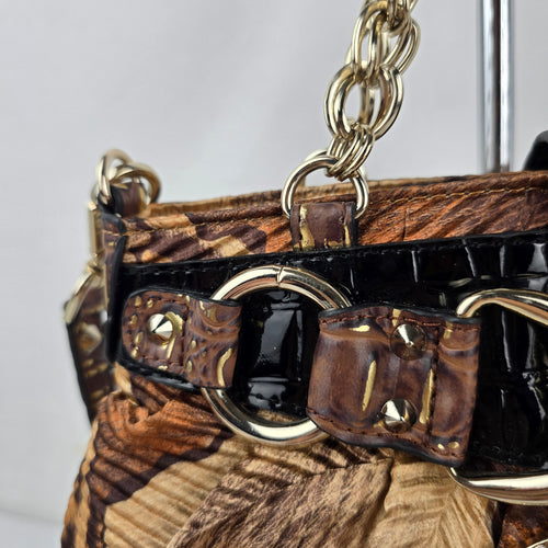 Guess Brown Floral Animal Print Handbag Rhinestone G Charm Chain Shoulder Bag