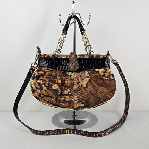 Guess Brown Floral Animal Print Handbag Rhinestone G Charm Chain Shoulder Bag
