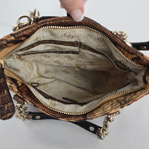 Guess Brown Floral Animal Print Handbag Rhinestone G Charm Chain Shoulder Bag