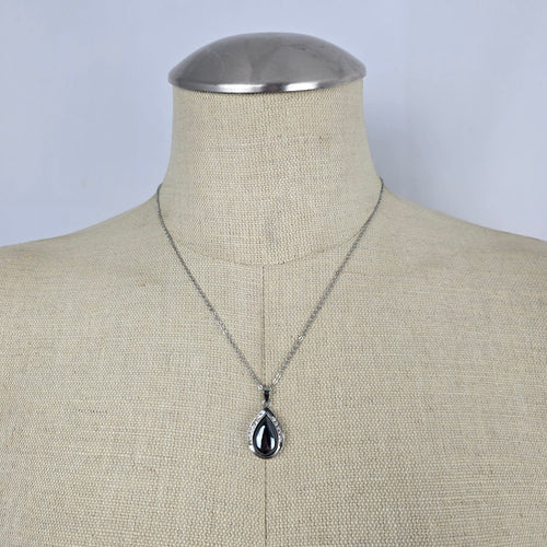 Vintage Silver-Tone Hematite Teardrop Rhinestone Pendant Necklace