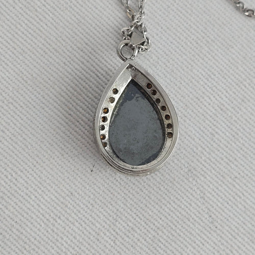 Vintage Silver-Tone Hematite Teardrop Rhinestone Pendant Necklace