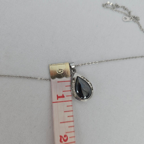 Vintage Silver-Tone Hematite Teardrop Rhinestone Pendant Necklace