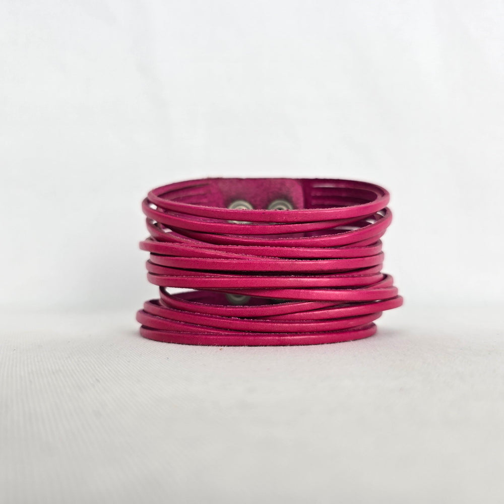 Hot Pink Leather Multi-Strand Wide Cuff Bracelet