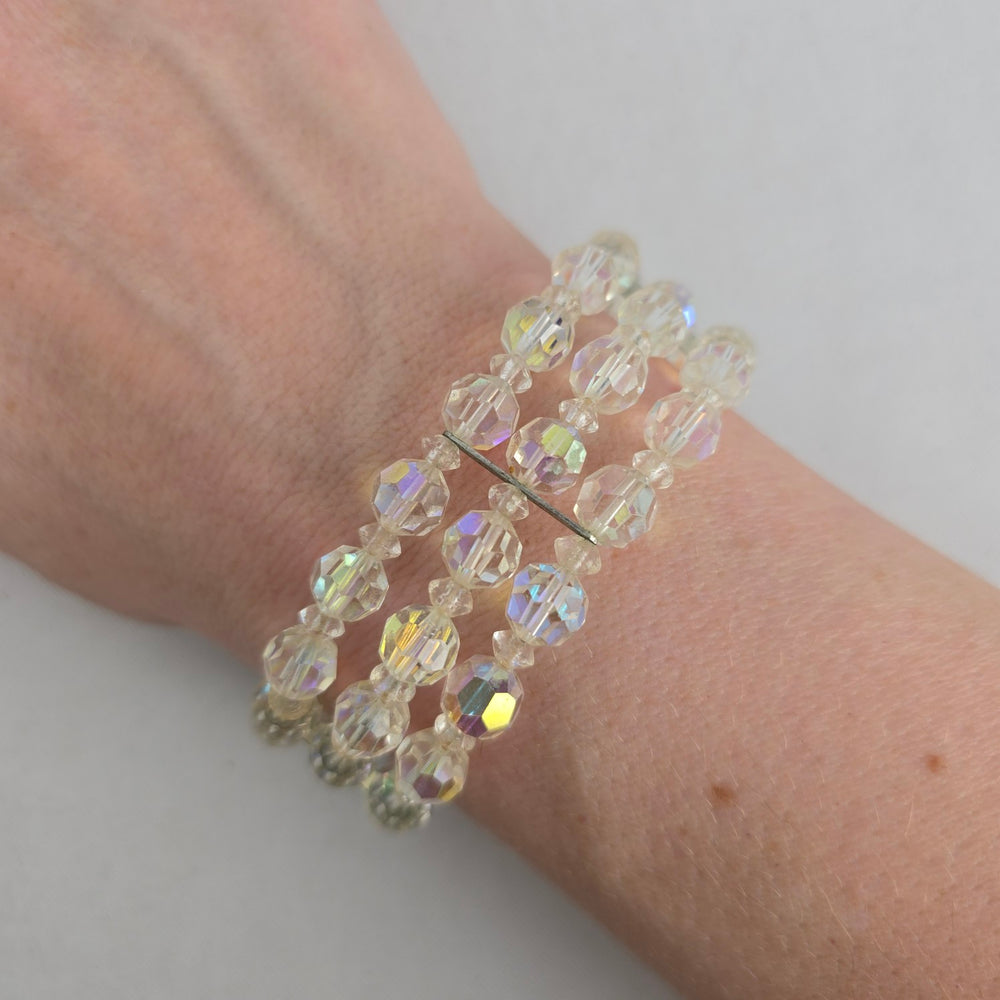 Vintage 3-Strand Aurora Borealis Crystal Beaded Bracelet with Filigree Box Clasp