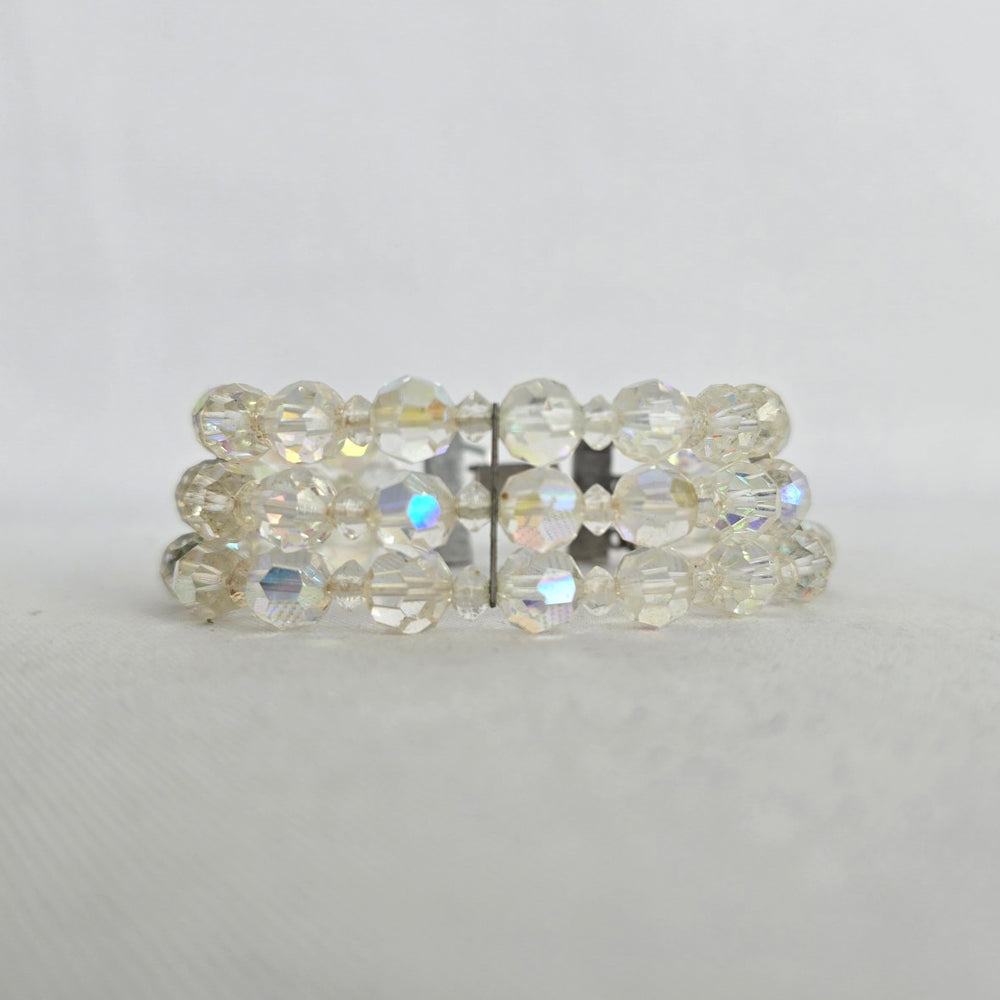 Vintage 3-Strand Aurora Borealis Crystal Beaded Bracelet with Filigree Box Clasp