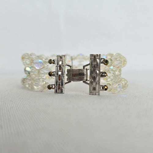 Vintage 3-Strand Aurora Borealis Crystal Beaded Bracelet with Filigree Box Clasp