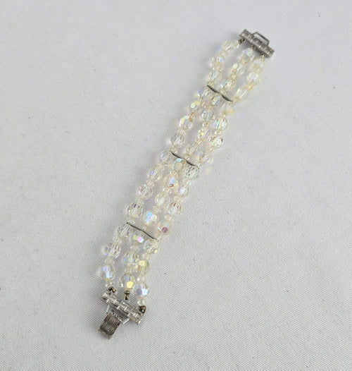 Vintage 3-Strand Aurora Borealis Crystal Beaded Bracelet with Filigree Box Clasp