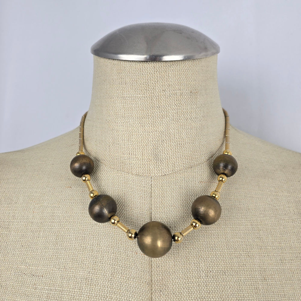 Vintage Signed Monet Graduated Orb Collar Necklace – Brushed Gold Modernist Statement Choker