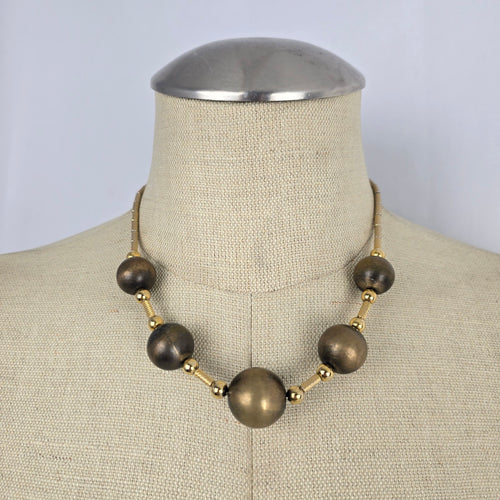 Vintage Signed Monet Graduated Orb Collar Necklace – Brushed Gold Modernist Statement Choker