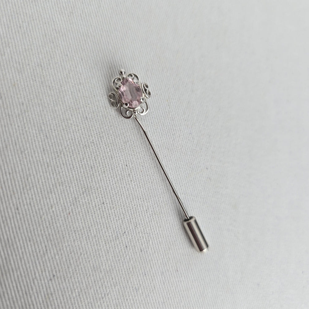 Vintage Sterling Silver Filigree Stick Pin with Oval Pink Stone & End Cap
