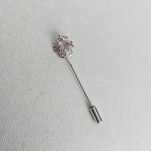 Vintage Sterling Silver Filigree Stick Pin with Oval Pink Stone & End Cap