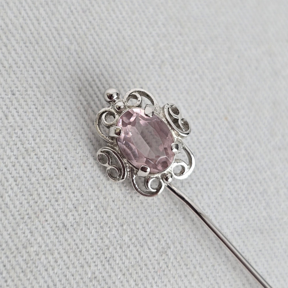 Vintage Sterling Silver Filigree Stick Pin with Oval Pink Stone & End Cap