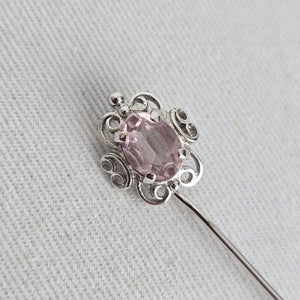 Vintage Sterling Silver Filigree Stick Pin with Oval Pink Stone & End Cap