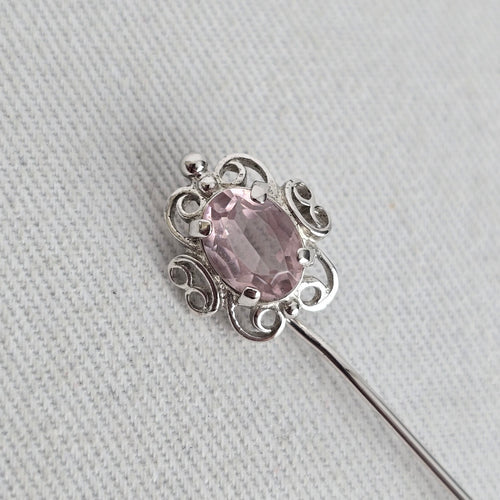 Vintage Sterling Silver Filigree Stick Pin with Oval Pink Stone & End Cap