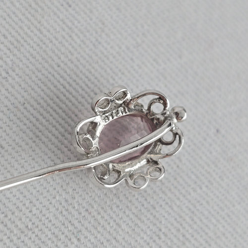 Vintage Sterling Silver Filigree Stick Pin with Oval Pink Stone & End Cap