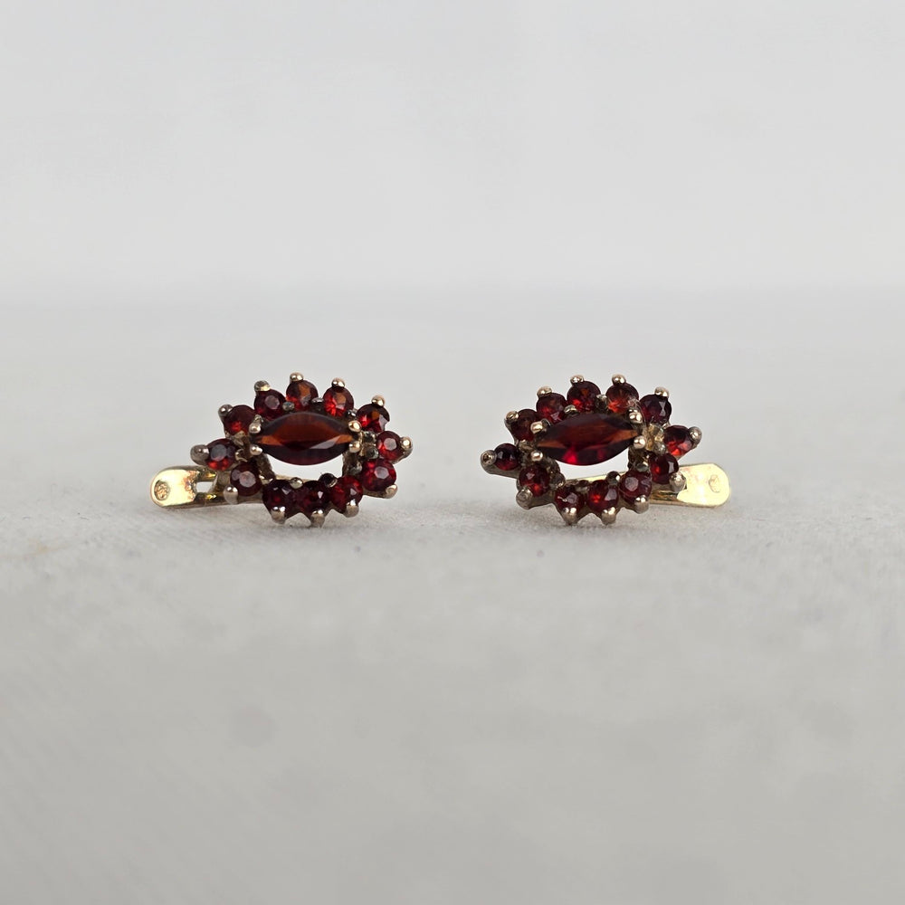 Vintage Garnet-Red Faceted Marquise Cluster Drop Earrings