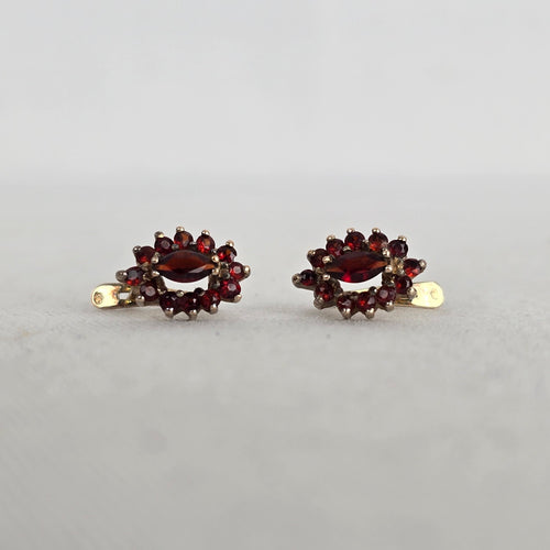 Vintage Garnet-Red Faceted Marquise Cluster Drop Earrings