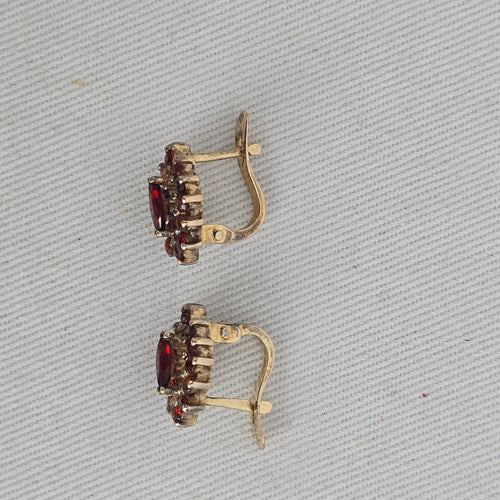 Vintage Garnet-Red Faceted Marquise Cluster Drop Earrings