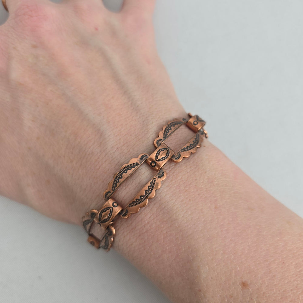 Mid-Century Copper Panel Bracelet – Boho Western Stamped Openwork Links