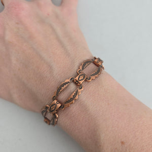 Mid-Century Copper Panel Bracelet – Boho Western Stamped Openwork Links