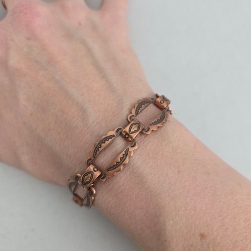 Mid-Century Copper Panel Bracelet – Boho Western Stamped Openwork Links