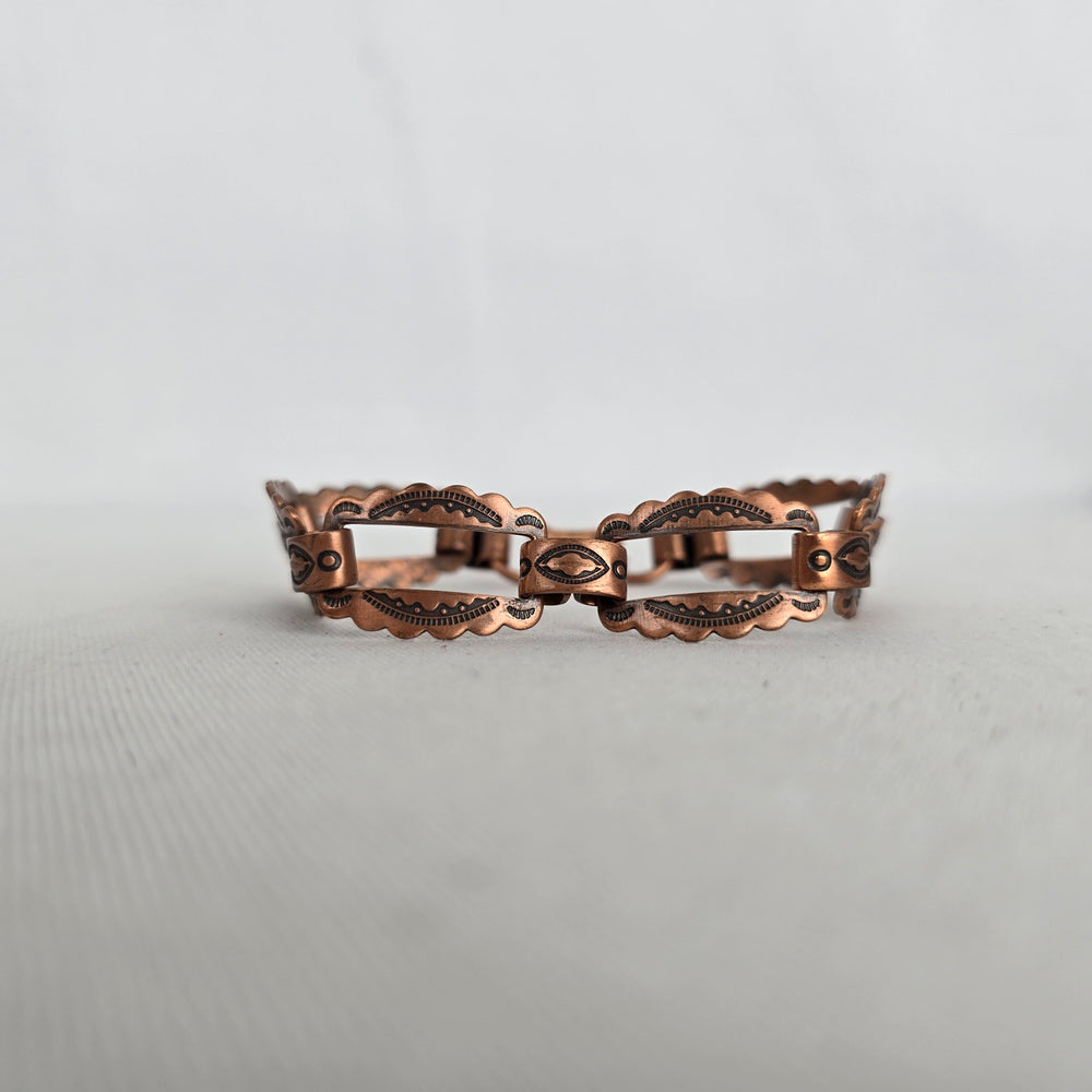 Mid-Century Copper Panel Bracelet – Boho Western Stamped Openwork Links