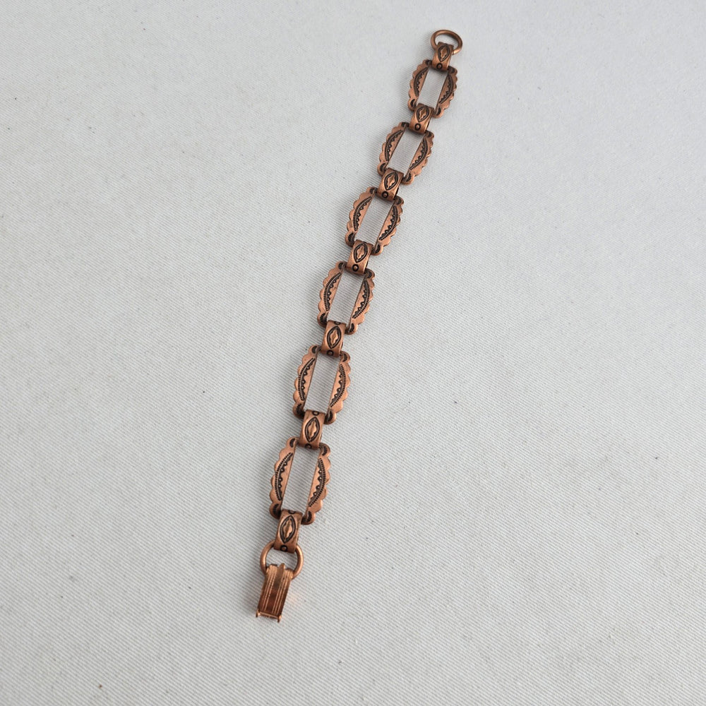 Mid-Century Copper Panel Bracelet – Boho Western Stamped Openwork Links