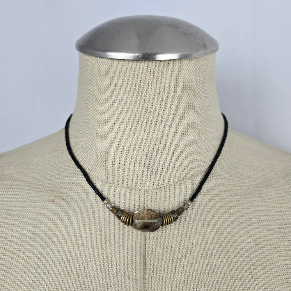Vintage Black Beaded Necklace with Smoky Faceted Glass Pendant & Brass Tone Accents